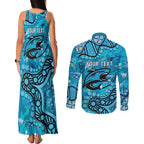 Personalized Cronulla-Sutherland Sharks Couples Matching Tank Maxi Dress and Long Sleeve Button Shirt Aboriginal Pattern with Graffiti Style Design