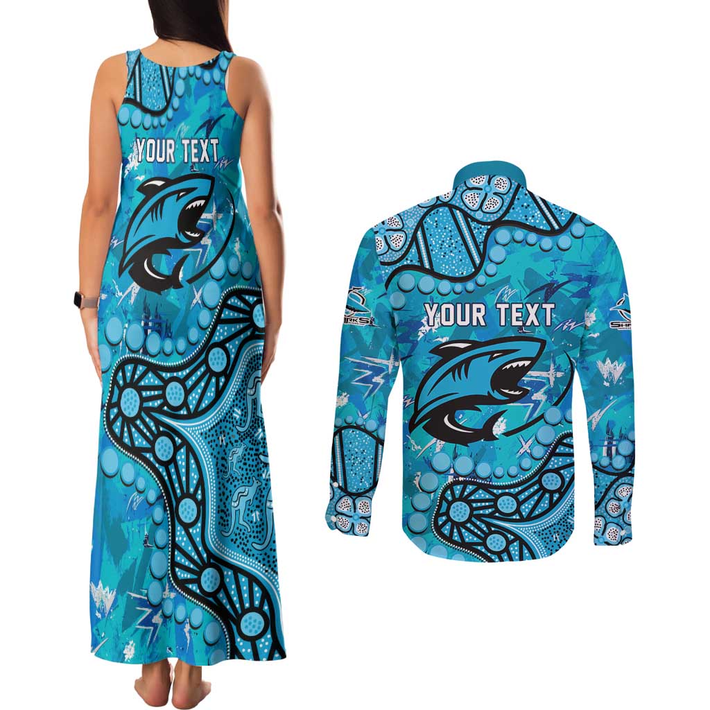 Personalized Cronulla-Sutherland Sharks Couples Matching Tank Maxi Dress and Long Sleeve Button Shirt Aboriginal Pattern with Graffiti Style Design