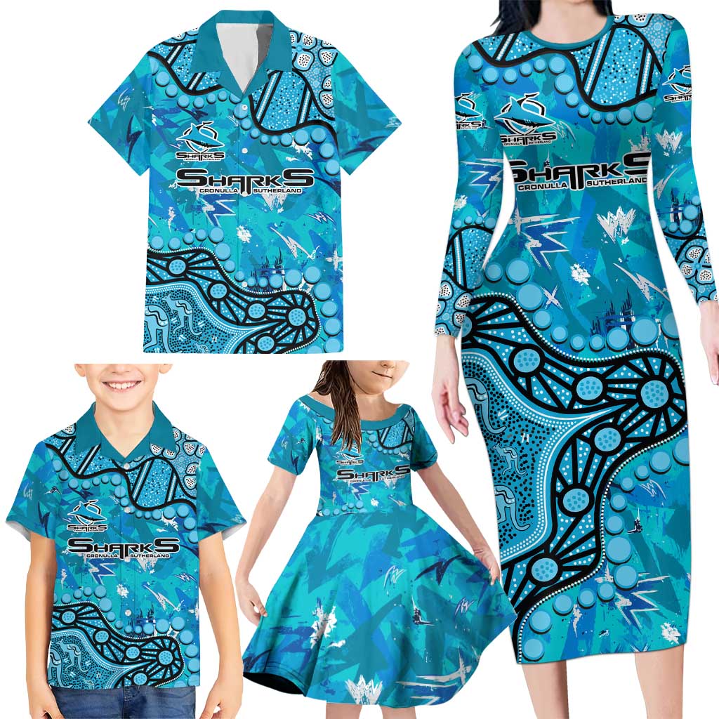 Personalized Cronulla-Sutherland Sharks Family Matching Long Sleeve Bodycon Dress and Hawaiian Shirt Aboriginal Pattern with Graffiti Style Design