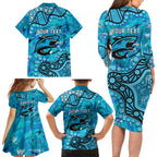 Personalized Cronulla-Sutherland Sharks Family Matching Long Sleeve Bodycon Dress and Hawaiian Shirt Aboriginal Pattern with Graffiti Style Design