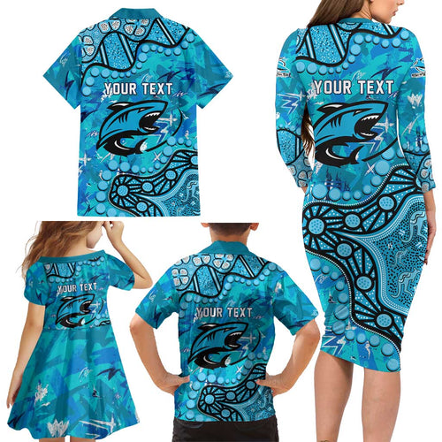 Personalized Cronulla-Sutherland Sharks Family Matching Long Sleeve Bodycon Dress and Hawaiian Shirt Aboriginal Pattern with Graffiti Style Design