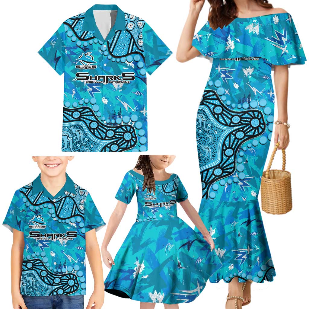 Personalized Cronulla-Sutherland Sharks Family Matching Mermaid Dress and Hawaiian Shirt Aboriginal Pattern with Graffiti Style Design