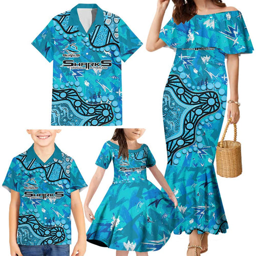 Personalized Cronulla-Sutherland Sharks Family Matching Mermaid Dress and Hawaiian Shirt Aboriginal Pattern with Graffiti Style Design
