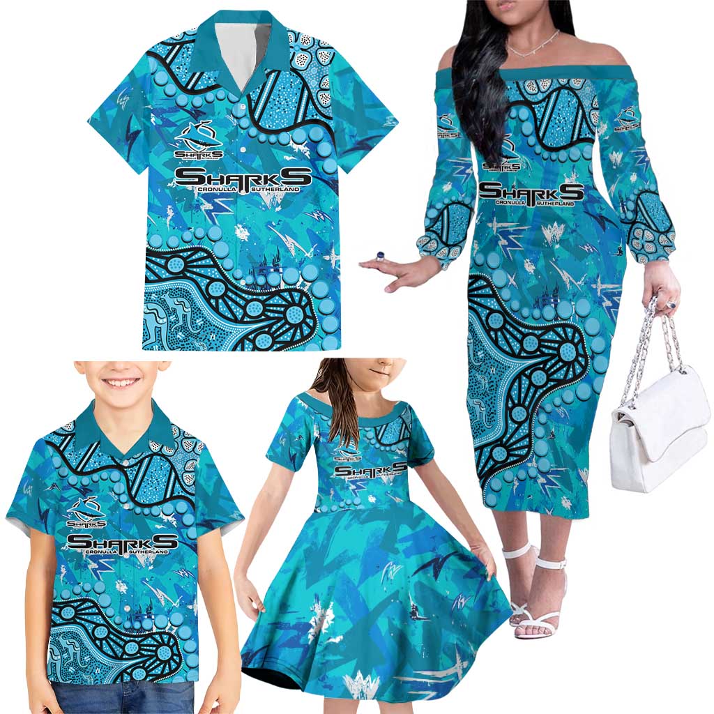 Personalized Cronulla-Sutherland Sharks Family Matching Off The Shoulder Long Sleeve Dress and Hawaiian Shirt Aboriginal Pattern with Graffiti Style Design