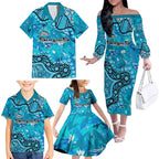 Personalized Cronulla-Sutherland Sharks Family Matching Off The Shoulder Long Sleeve Dress and Hawaiian Shirt Aboriginal Pattern with Graffiti Style Design
