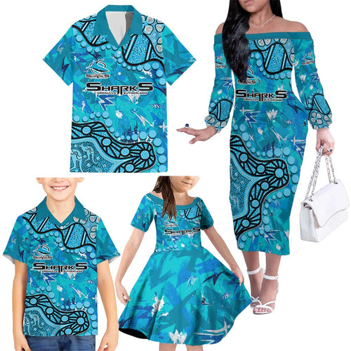 Personalized Cronulla-Sutherland Sharks Family Matching Off The Shoulder Long Sleeve Dress and Hawaiian Shirt Aboriginal Pattern with Graffiti Style Design