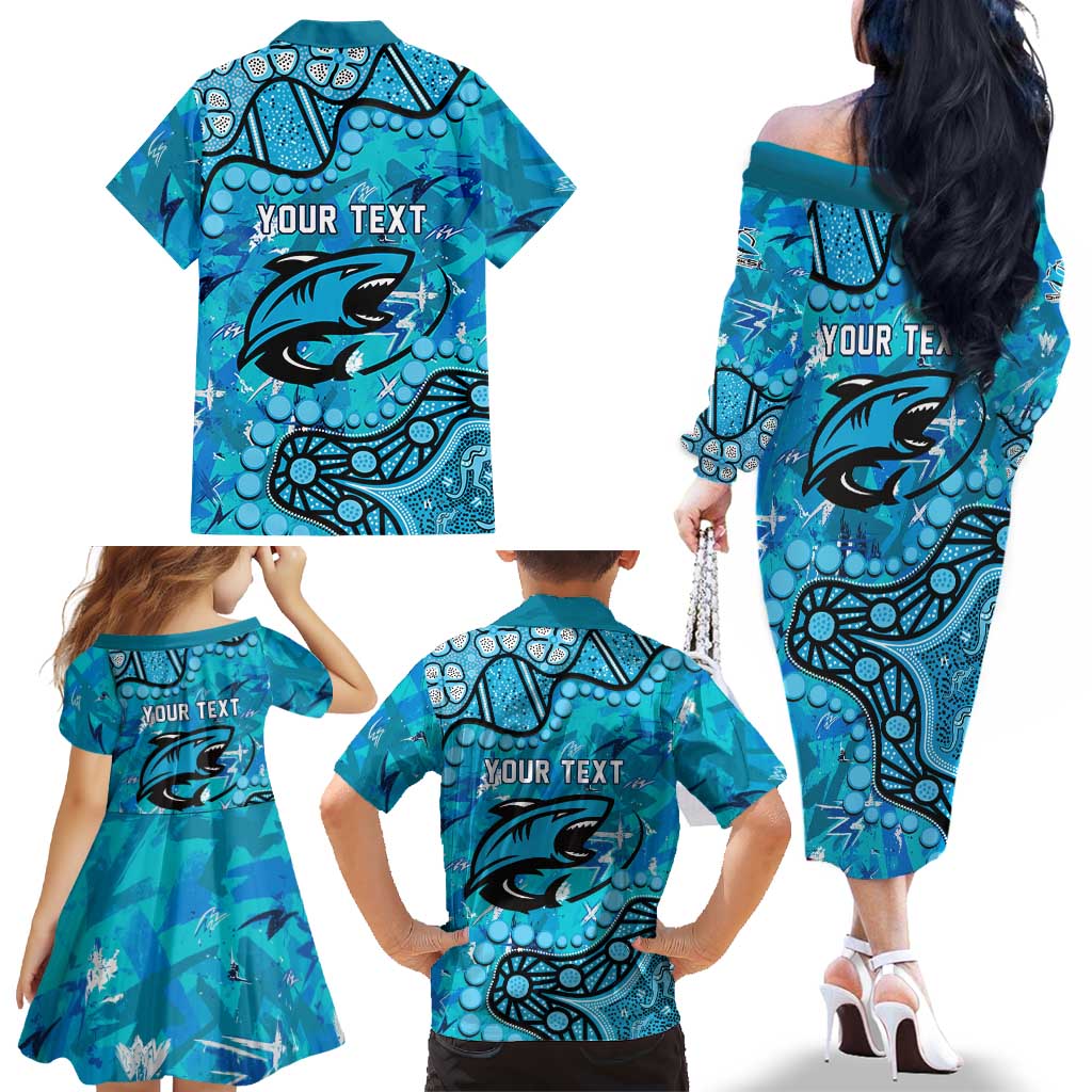 Personalized Cronulla-Sutherland Sharks Family Matching Off The Shoulder Long Sleeve Dress and Hawaiian Shirt Aboriginal Pattern with Graffiti Style Design