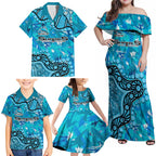 Personalized Cronulla-Sutherland Sharks Family Matching Off Shoulder Maxi Dress and Hawaiian Shirt Aboriginal Pattern with Graffiti Style Design