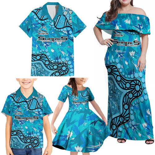 Personalized Cronulla-Sutherland Sharks Family Matching Off Shoulder Maxi Dress and Hawaiian Shirt Aboriginal Pattern with Graffiti Style Design