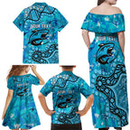 Personalized Cronulla-Sutherland Sharks Family Matching Off Shoulder Maxi Dress and Hawaiian Shirt Aboriginal Pattern with Graffiti Style Design