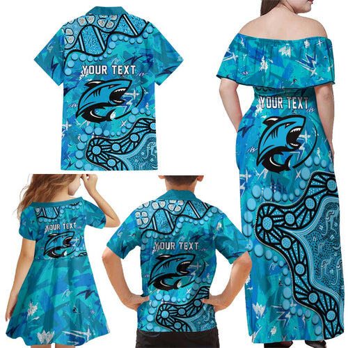 Personalized Cronulla-Sutherland Sharks Family Matching Off Shoulder Maxi Dress and Hawaiian Shirt Aboriginal Pattern with Graffiti Style Design