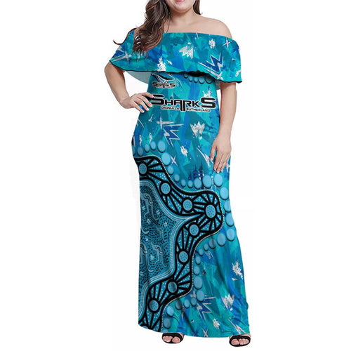 Personalized Cronulla-Sutherland Sharks Family Matching Off Shoulder Maxi Dress and Hawaiian Shirt Aboriginal Pattern with Graffiti Style Design
