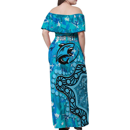 Personalized Cronulla-Sutherland Sharks Family Matching Off Shoulder Maxi Dress and Hawaiian Shirt Aboriginal Pattern with Graffiti Style Design
