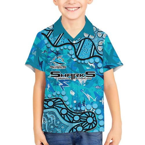 Personalized Cronulla-Sutherland Sharks Family Matching Off Shoulder Maxi Dress and Hawaiian Shirt Aboriginal Pattern with Graffiti Style Design
