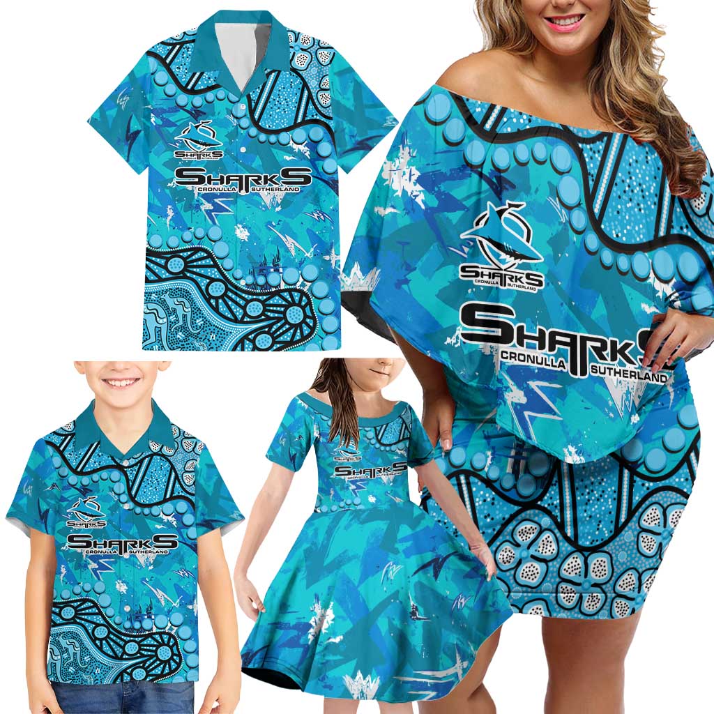 Personalized Cronulla-Sutherland Sharks Family Matching Off Shoulder Short Dress and Hawaiian Shirt Aboriginal Pattern with Graffiti Style Design