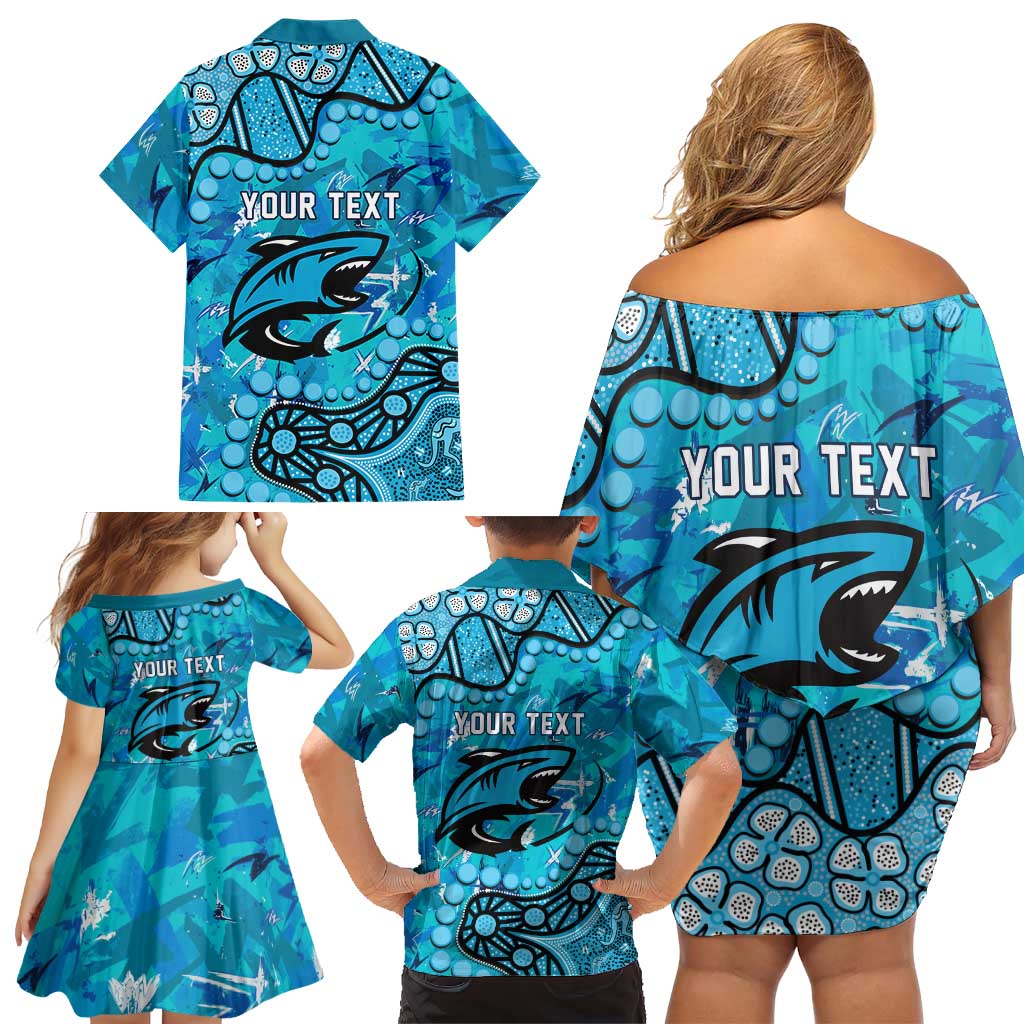 Personalized Cronulla-Sutherland Sharks Family Matching Off Shoulder Short Dress and Hawaiian Shirt Aboriginal Pattern with Graffiti Style Design