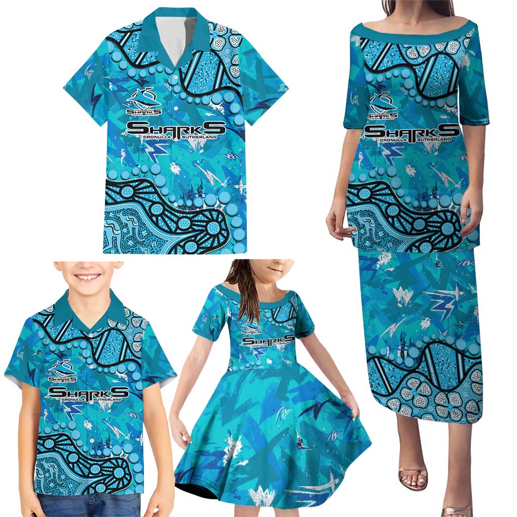 Personalized Cronulla-Sutherland Sharks Family Matching Puletasi and Hawaiian Shirt Aboriginal Pattern with Graffiti Style Design
