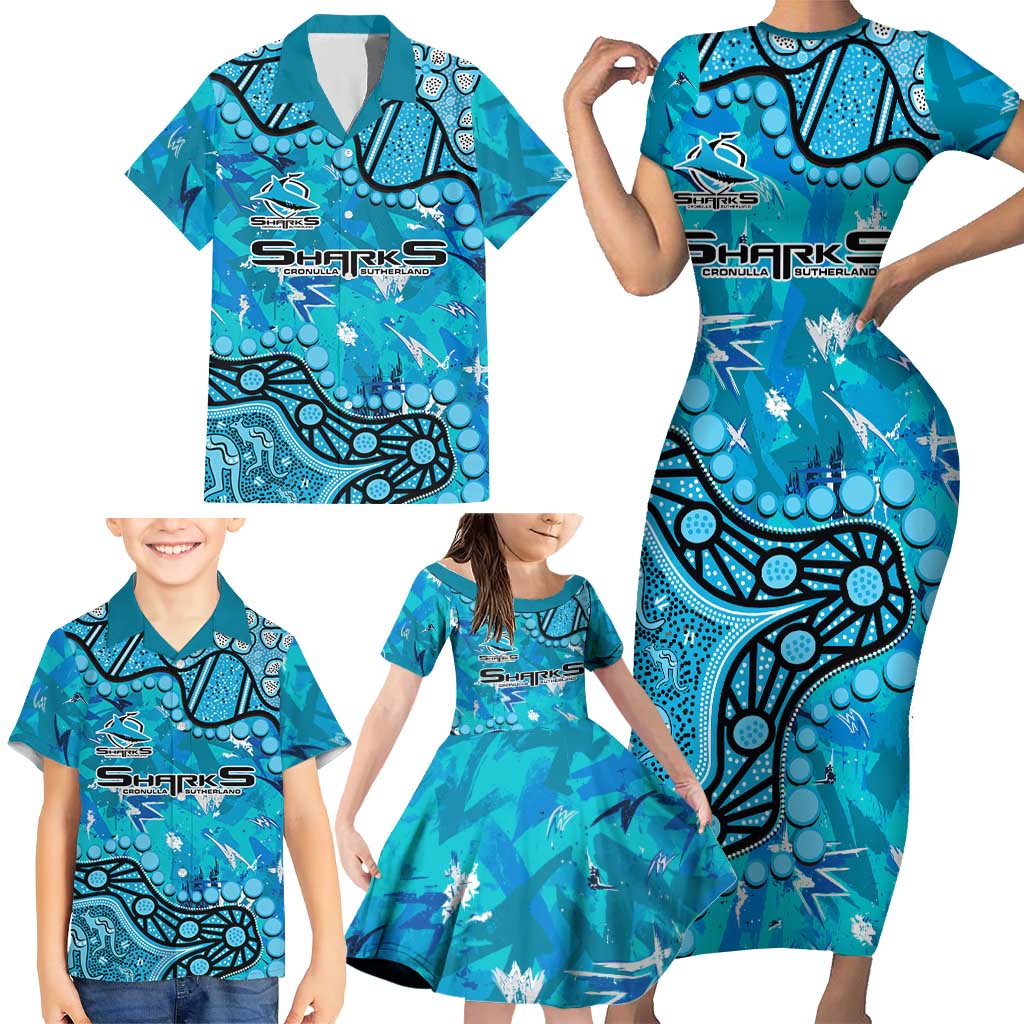 Personalized Cronulla-Sutherland Sharks Family Matching Short Sleeve Bodycon Dress and Hawaiian Shirt Aboriginal Pattern with Graffiti Style Design