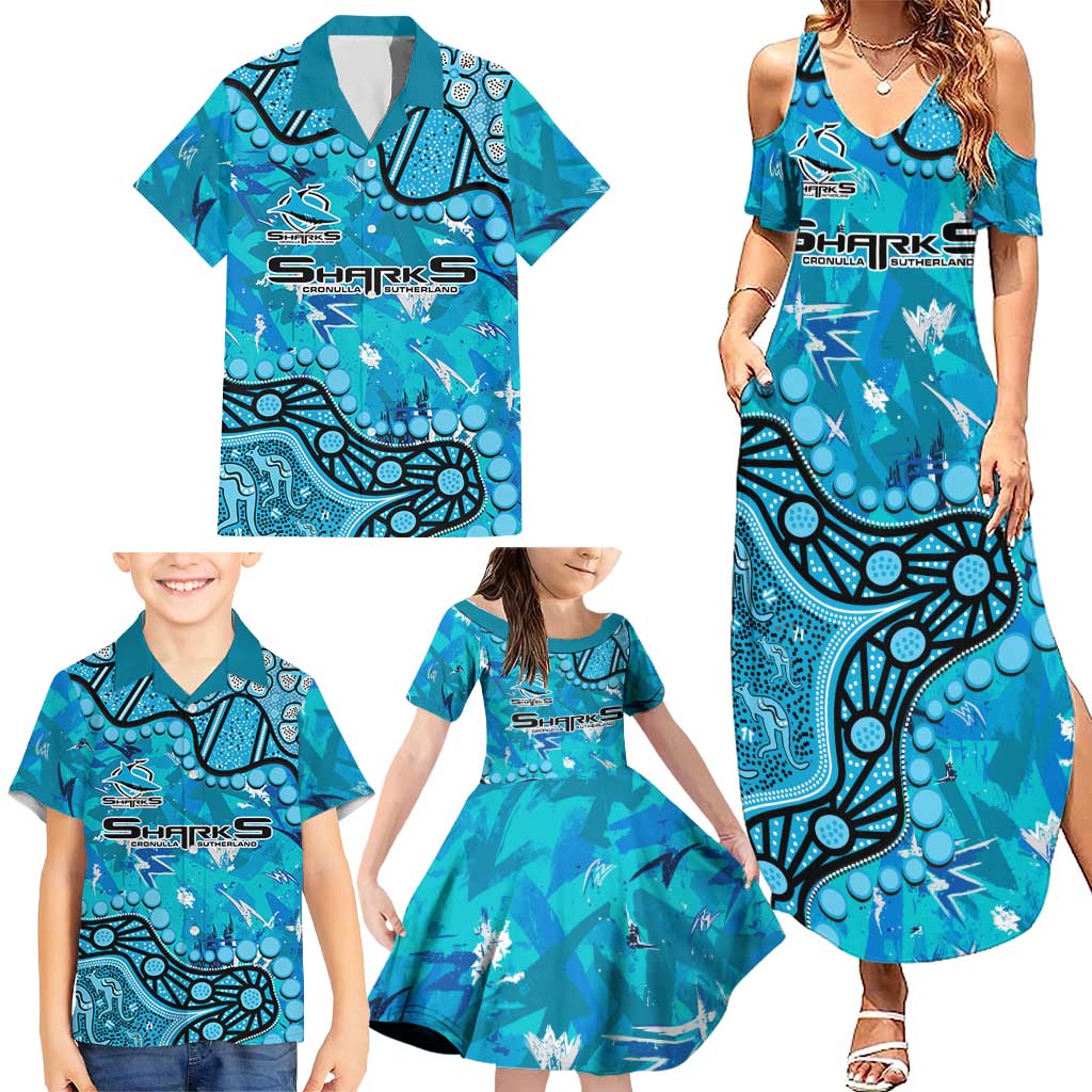 Personalized Cronulla-Sutherland Sharks Family Matching Summer Maxi Dress and Hawaiian Shirt Aboriginal Pattern with Graffiti Style Design