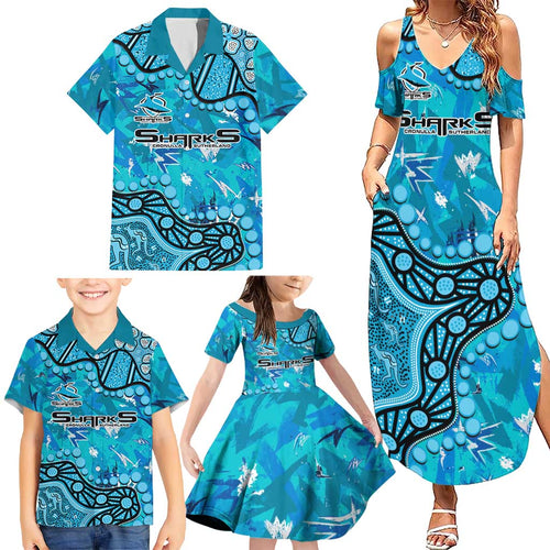 Personalized Cronulla-Sutherland Sharks Family Matching Summer Maxi Dress and Hawaiian Shirt Aboriginal Pattern with Graffiti Style Design