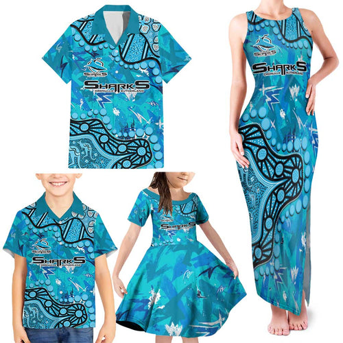 Personalized Cronulla-Sutherland Sharks Family Matching Tank Maxi Dress and Hawaiian Shirt Aboriginal Pattern with Graffiti Style Design