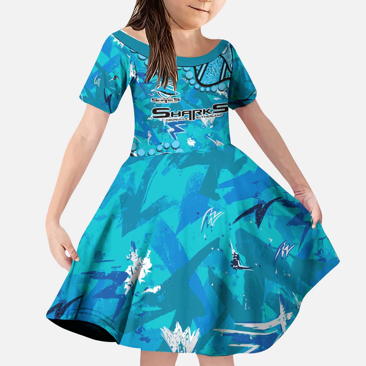 Personalized Cronulla-Sutherland Sharks Kid Short Sleeve Dress Aboriginal Pattern with Graffiti Style Design