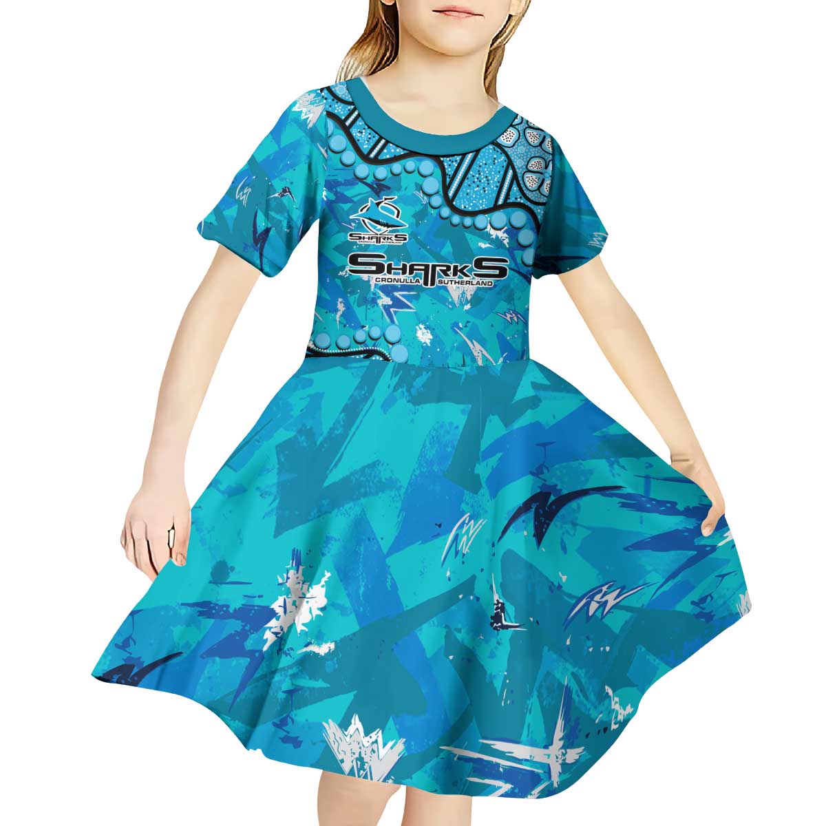 Personalized Cronulla-Sutherland Sharks Kid Short Sleeve Dress Aboriginal Pattern with Graffiti Style Design