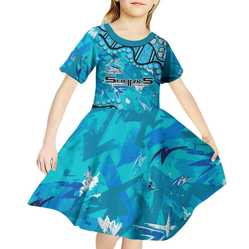 Personalized Cronulla-Sutherland Sharks Kid Short Sleeve Dress Aboriginal Pattern with Graffiti Style Design