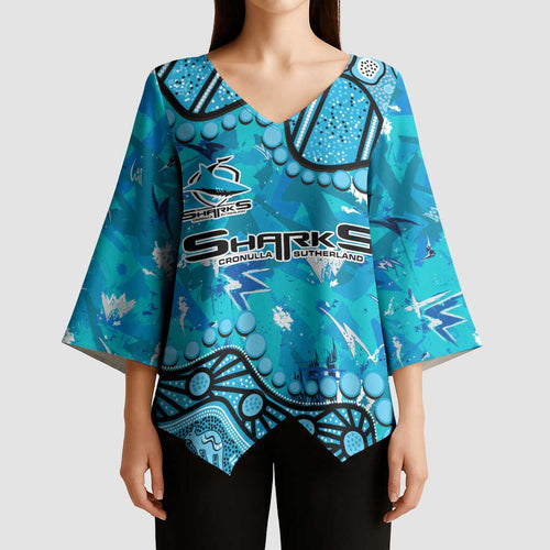 Personalized Cronulla-Sutherland Sharks Kimono Sleeve Blouse Aboriginal Pattern with Graffiti Style Design