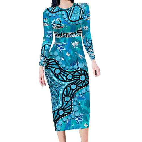 Personalized Cronulla-Sutherland Sharks Long Sleeve Bodycon Dress Aboriginal Pattern with Graffiti Style Design