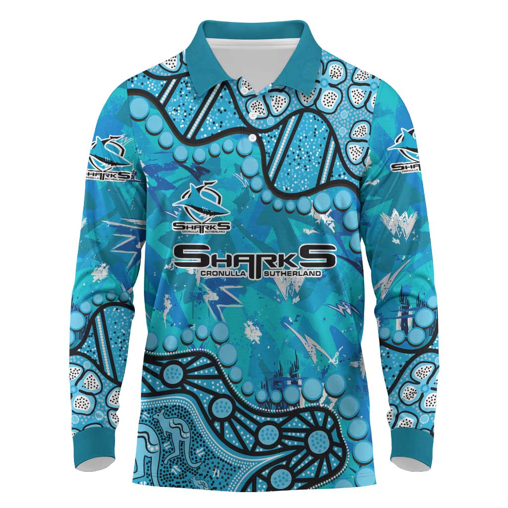 Personalized Cronulla-Sutherland Sharks Long Sleeve Polo Shirt Aboriginal Pattern with Graffiti Style Design