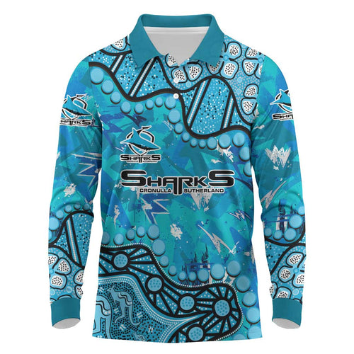 Personalized Cronulla-Sutherland Sharks Long Sleeve Polo Shirt Aboriginal Pattern with Graffiti Style Design