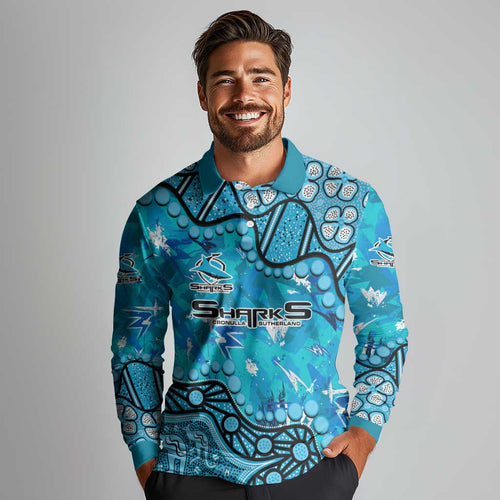 Personalized Cronulla-Sutherland Sharks Long Sleeve Polo Shirt Aboriginal Pattern with Graffiti Style Design