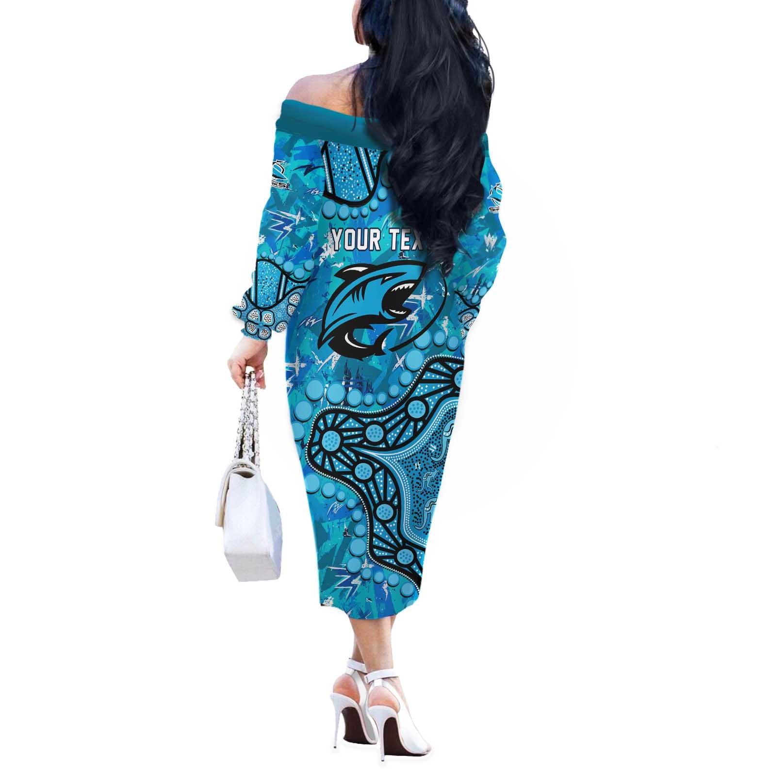 Personalized Cronulla-Sutherland Sharks Off The Shoulder Long Sleeve Dress Aboriginal Pattern with Graffiti Style Design
