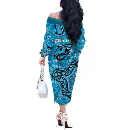 Personalized Cronulla-Sutherland Sharks Off The Shoulder Long Sleeve Dress Aboriginal Pattern with Graffiti Style Design