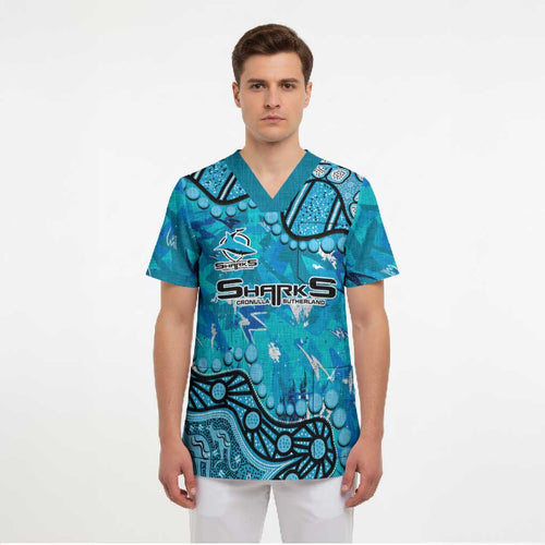 Personalized Cronulla-Sutherland Sharks Scrub Top Aboriginal Pattern with Graffiti Style Design