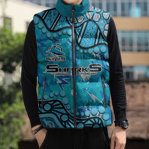 Personalized Cronulla-Sutherland Sharks Sleeveless Puffer Jacket Aboriginal Pattern with Graffiti Style Design