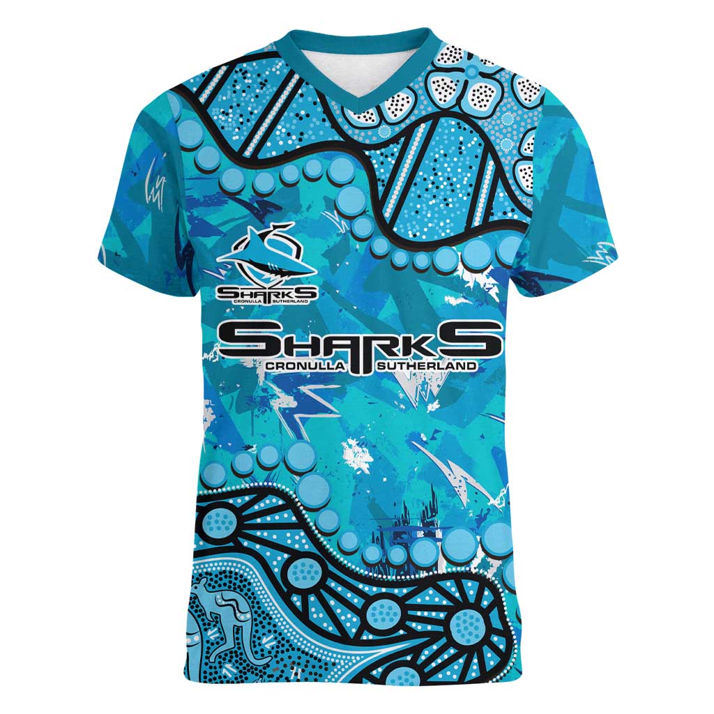 Personalized Cronulla-Sutherland Sharks Women V-Neck T-Shirt Aboriginal Pattern with Graffiti Style Design