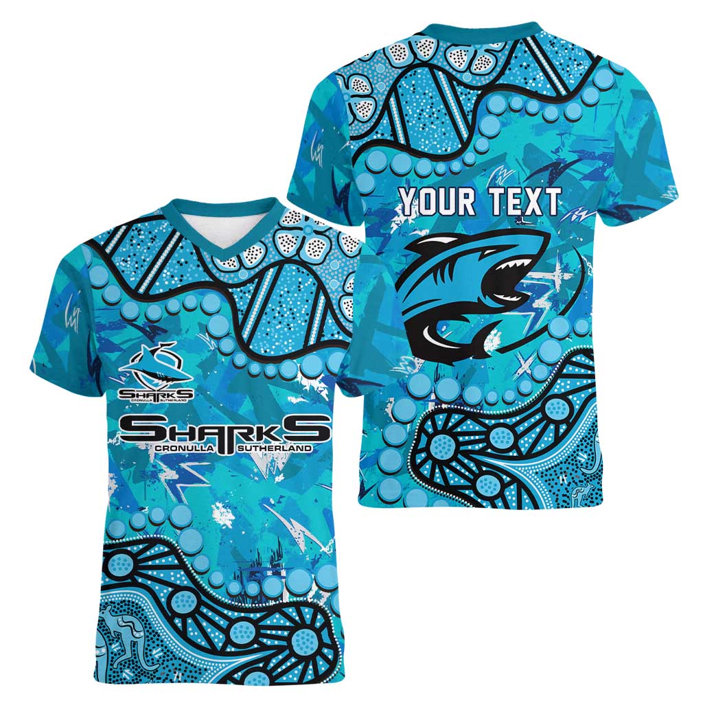 Personalized Cronulla-Sutherland Sharks Women V-Neck T-Shirt Aboriginal Pattern with Graffiti Style Design