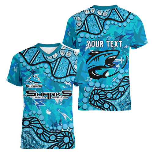Personalized Cronulla-Sutherland Sharks Women V-Neck T-Shirt Aboriginal Pattern with Graffiti Style Design