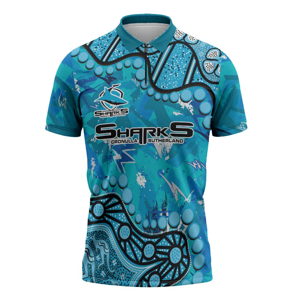Personalized Cronulla-Sutherland Sharks Zipper Polo Shirt Aboriginal Pattern with Graffiti Style Design
