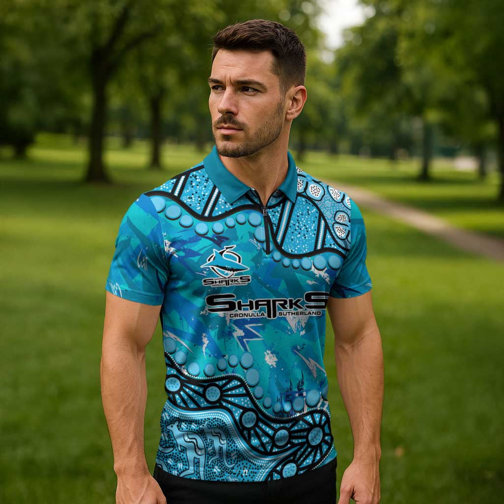 Personalized Cronulla-Sutherland Sharks Zipper Polo Shirt Aboriginal Pattern with Graffiti Style Design