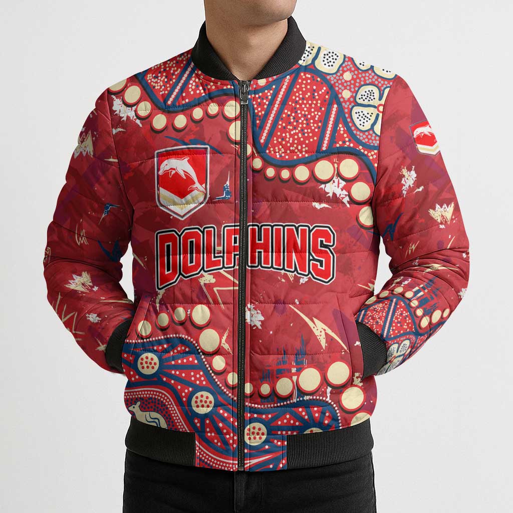 Personalized Dolphins Rugby Bomber Puffer Jacket Aboriginal Pattern with Graffiti Style Design