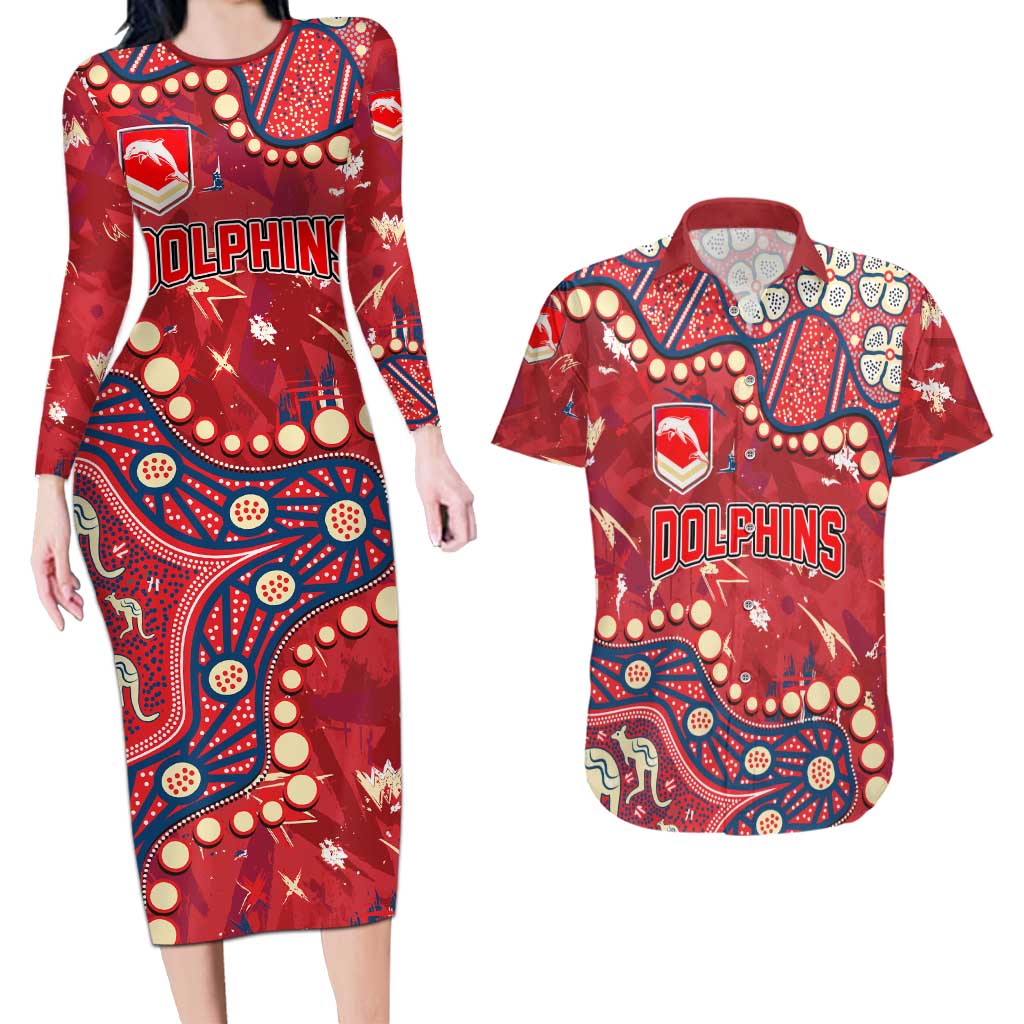 Personalized Dolphins Rugby Couples Matching Long Sleeve Bodycon Dress and Hawaiian Shirt Aboriginal Pattern with Graffiti Style Design
