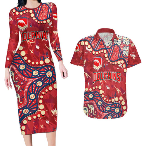 Personalized Dolphins Rugby Couples Matching Long Sleeve Bodycon Dress and Hawaiian Shirt Aboriginal Pattern with Graffiti Style Design