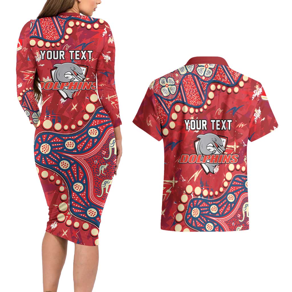 Personalized Dolphins Rugby Couples Matching Long Sleeve Bodycon Dress and Hawaiian Shirt Aboriginal Pattern with Graffiti Style Design