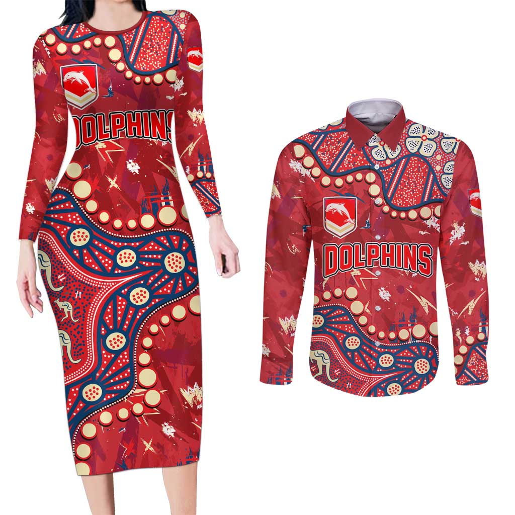 Personalized Dolphins Rugby Couples Matching Long Sleeve Bodycon Dress and Long Sleeve Button Shirt Aboriginal Pattern with Graffiti Style Design
