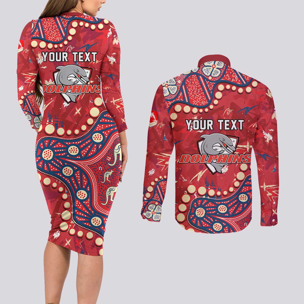 Personalized Dolphins Rugby Couples Matching Long Sleeve Bodycon Dress and Long Sleeve Button Shirt Aboriginal Pattern with Graffiti Style Design