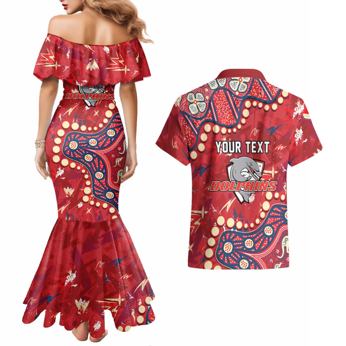 Personalized Dolphins Rugby Couples Matching Mermaid Dress and Hawaiian Shirt Aboriginal Pattern with Graffiti Style Design