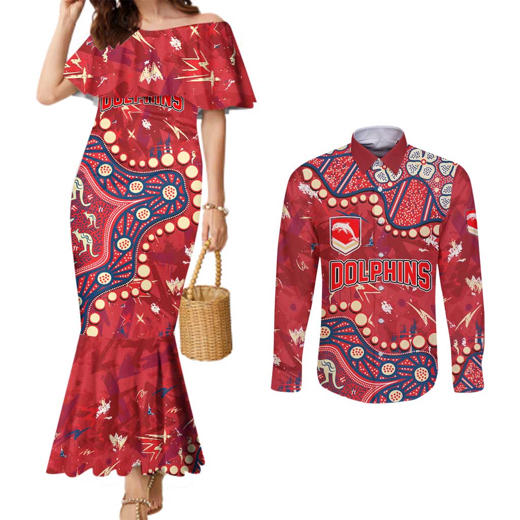 Personalized Dolphins Rugby Couples Matching Mermaid Dress and Long Sleeve Button Shirt Aboriginal Pattern with Graffiti Style Design